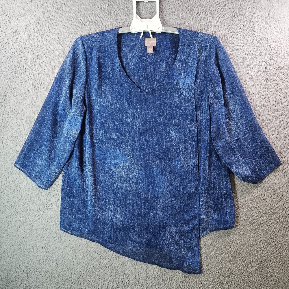 Chico's Top Blouse Women 1 Lightweight Lined 3/4 Sleeve Blue